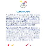 El Comité Olímpico Ecuatoriano agradece apoyo del Gobierno para los Juegos Bolivarianos Ayacucho Lima 2025